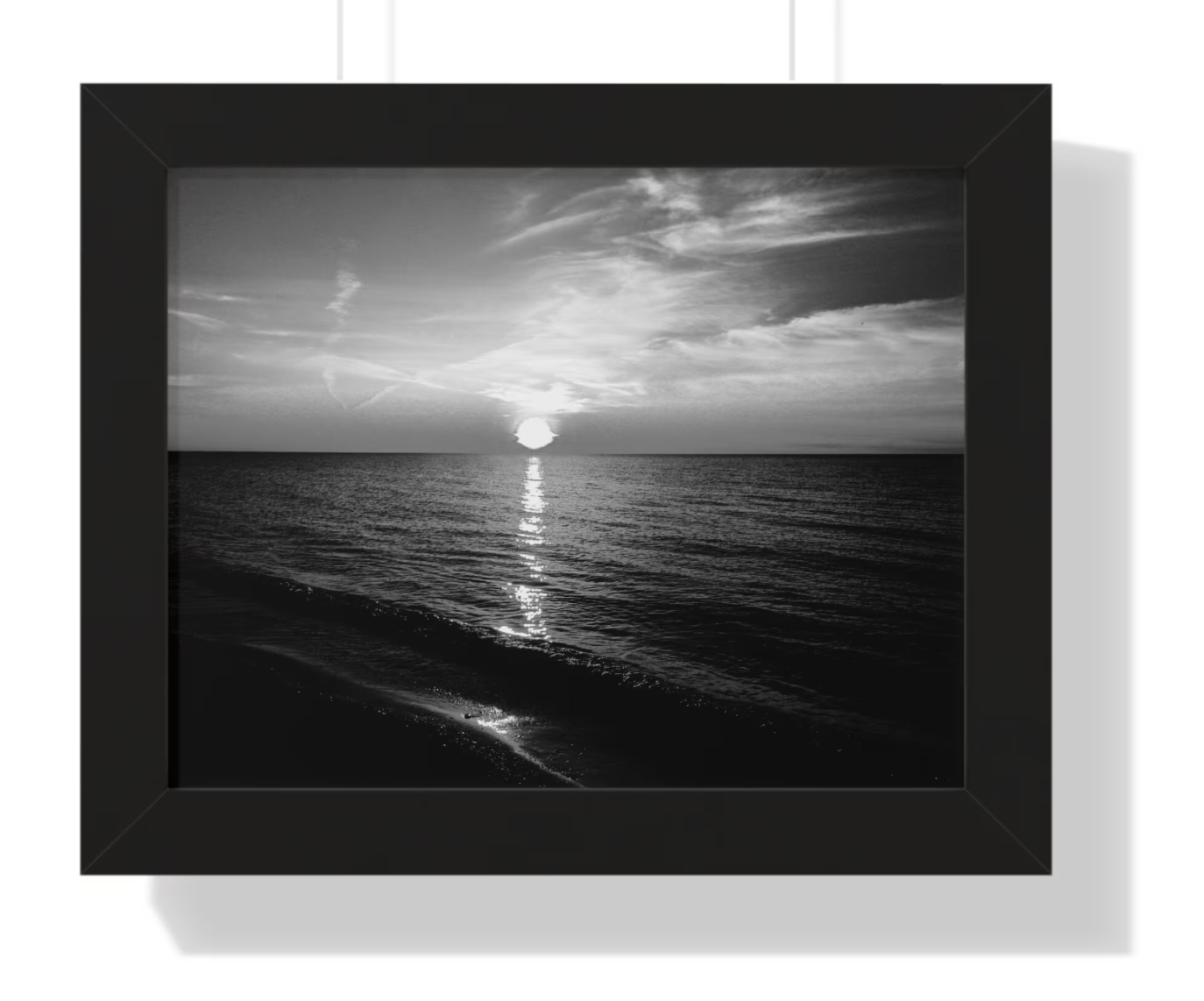 Scenic Lake Erie Sunset Wall Art – Framed Black White Photograph of Conneaut Lake Erie